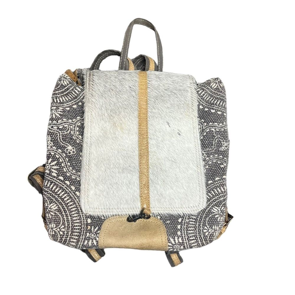 Myra Bag Handmade Stygian Backpack Upcycled Canvas & Cowhide Leather